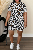 Khaki Leopard Zebra Camouflage Print O Neck Short Sleeve T-shirt and Shorts Casual Outing Two Piece Short Sets