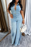 Blue Casual Turndown Collar Sleeveless Backless Button up Fitted Wide Leg Denim Jumpsuits