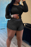 Black Copper Coin Print O Neck Long Sleeve Tops and Skinny Short Bodycorn Two Piece Shorts Sets