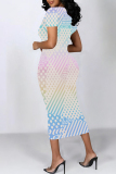 White Green Geometric Floral Print O Neck Short Sleeve Bodycon Casual Vacation Party Maxi Dress