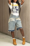 Blue Casual Letters Print Raw Hem Mid Waist Straight Fifth Denim Shorts Jeans