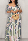 Multicolor Abstract Print V Neck Short Sleeve Fitted Casual Vacation Maxi Dresses