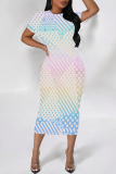 White Green Geometric Floral Print O Neck Short Sleeve Bodycon Casual Vacation Party Maxi Dress