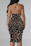 Khaki Abstract Geometric Leopard Print Sleeveless Backless Bodycon Party Vacation Midi Slip Dresses