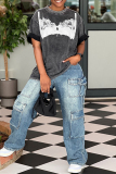 Grey Casual Bra Print O Neck Short Sleeve Loose T-Shirts Tops