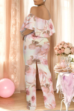 Yellow Casual Floral Print Off Shoulder Short Sleeve Ruffle Trim with Pocket Fitted Casual Vacation Straight Leg Jumpsuits