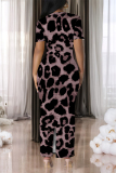 Dark Purple Casual Leopard Print V Neck Short Sleeve Back-Slit Bodycorn Party Vacation Maxi Dress