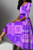 Purple Graphic Colorblock Print V Neck Half Sleeve A Line Fitted Casual Plus Size Maxi Dresses