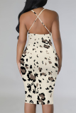 Khaki Abstract Geometric Leopard Print Sleeveless Backless Bodycon Party Vacation Midi Slip Dresses