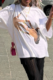 White Casual Hand Print O Neck Dropped Shoulder Half Sleeve Loose T-Shirts Tops