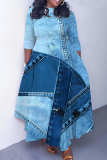 Light Grey Green Floral Print O Neck 3/4 Sleeve Belted Fitted A-line Casual Vacation Plus Size Maxi Dresses