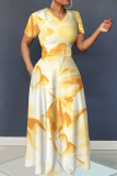 Yellow Floral Print V Neck Short Sleeve Fitted Casual Vacation Plus Size Maxi Dresses