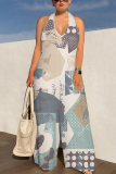 Geometric Camouflage Print V Neck Sleeveless Backless Lace Up with Pocket Halter Loose Vacation Wide Leg Jumpsuits
