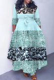 Light Grey Green Floral Print O Neck 3/4 Sleeve Belted Fitted A-line Casual Vacation Plus Size Maxi Dresses