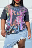 Grey Casual Letter Graphic Print O Neck Short Sleeve Loose T-Shirts Tops