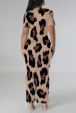 Dark Purple Casual Leopard Print V Neck Short Sleeve Back-Slit Bodycorn Party Vacation Maxi Dress