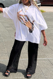 White Casual Hand Print O Neck Dropped Shoulder Half Sleeve Loose T-Shirts Tops