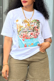 White Casual Floral Graphic Print O Neck Short Sleeve Loose T-Shirts Tops
