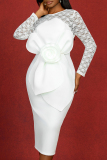 White Lace See-Through O Neck Long Sleeve 3D Flowers Decor Back-Slit Bodycon Party Evening Wedding Long Dresses