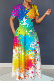 Yellow Floral Print V Neck Short Sleeve Fitted Casual Vacation Plus Size Maxi Dresses