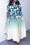 Light Grey Green Floral Print O Neck 3/4 Sleeve Belted Fitted A-line Casual Vacation Plus Size Maxi Dresses