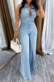 Blue Casual Turndown Collar Sleeveless Backless Button up Fitted Wide Leg Denim Jumpsuits