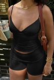 White V Neck Sleeveless Backless Cami Tops and Skinny Shorts Fitted Casual Sportwear Two Piece Short Sets