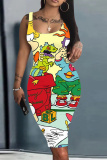 Light Blue Casual Cartoon Print U Neck Sleeveless Bodycon Plus Size Midi Vest Dresses
