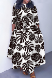 White Tropical Leaf Print O Neck 3/4 Sleeve Belted Fitted A-line Casual Vacation Plus Size Maxi Dresses
