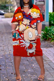 Light Blue Cartoon Print V Neck Short Sleeve with Pocket Casual Outing Plus Size Midi T-shirt Dress