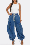 Black Grey Casual Pocket Belted Tie Bow Mid Waist Drawstring Straight Harem Denim Jeans
