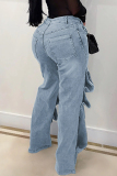 Blue Zipper High Waist Pocket Buttons Patchwork Casual Loose Straight Leg Cargo Denim Jeans