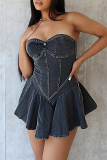 Black Sleeveless Backless Zipper-back Bodycon A-line Casual Outing Party Club Denim Mini Dresses