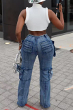 Light Blue Casual Mid Waist with Pocket Straight Cargo Denim Jeans