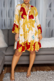 Purple Floral Print Button up Long Sleeve Ruffle Hem Loose Casual Vacation Midi Shirt Dresses