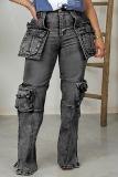 Light Blue Casual Mid Waist with Pocket Straight Cargo Denim Jeans