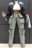 Light Blue Casual Mid Waist with Pocket Straight Cargo Denim Jeans