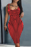 Khaki Abstract Stripe Print U Neck Sleeveless Bodycon Plus Size Midi Vest Dresses