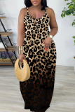 Leopard Gradient Print U Neck Sleeveless Backless Fitted Casual Vacation Plus Size Maxi Slip Dresses