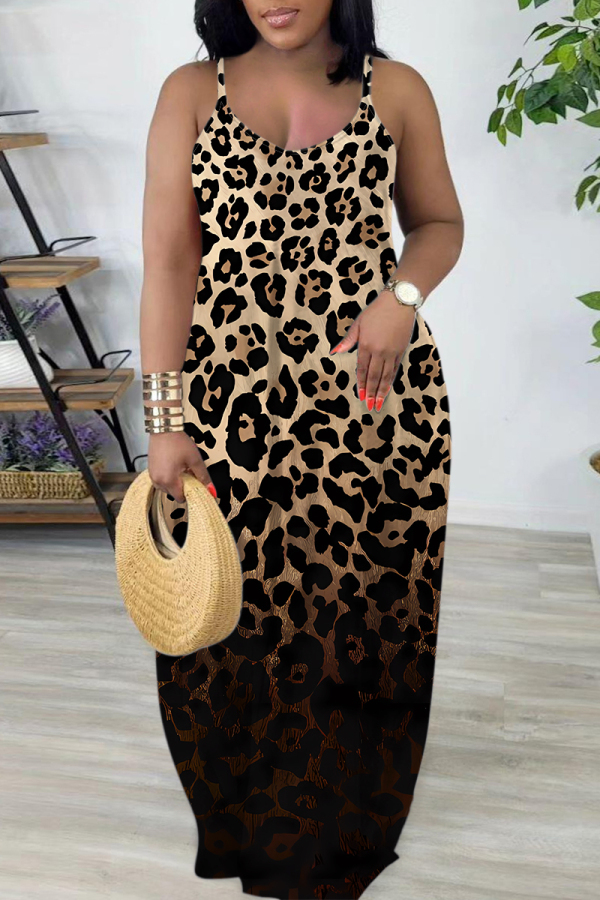 Leopard Gradient Print U Neck Sleeveless Backless Fitted Casual Vacation Plus Size Maxi Slip Dresses