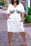Black Skeleton Hands Print V Neck Short Sleeve with Pocket Casual Outing Plus Size Midi T-shirt Dress