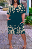 Red Graphic Floral Leaf Print V Neck Short Sleeve with Pocket Casual Outing Plus Size Midi T-shirt Dress