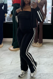 White Striped Casual Sportswear Stand-up Collar Long Sleeve Zipper Jackets Tube Tops and Flared Panst Three Piece Trouser Sets