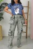 Light Blue Casual Mid Waist with Pocket Straight Cargo Denim Jeans