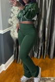 Green Casual Zipper Collar Long Sleeve Jackets and Skinny Flared Pants Two Piece Trouser Sets