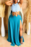Blue Sleeveless Backless Cross Straps Cut Out Mental Ring Trim Waist High Slit Bodycon Party Vacation Maxi Slip Dresses