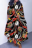 White Tropical Leaf Print O Neck 3/4 Sleeve Belted Fitted A-line Casual Vacation Plus Size Maxi Dresses
