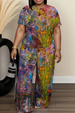 White Abstract Print O Neck Short Sleeve T-shirt and Wide Leg Pants Casual Outing Plus Size Two Piece Trouser Sets