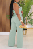 Apricot Sleeveless Backless Keyhole Cutout Knitted Casual Vacation Halter Wide Leg Jumpsuits