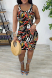 White Black Casual Tropical Leaf Print U Neck Sleeveless Bodycon Plus Size Midi Vest Dresses